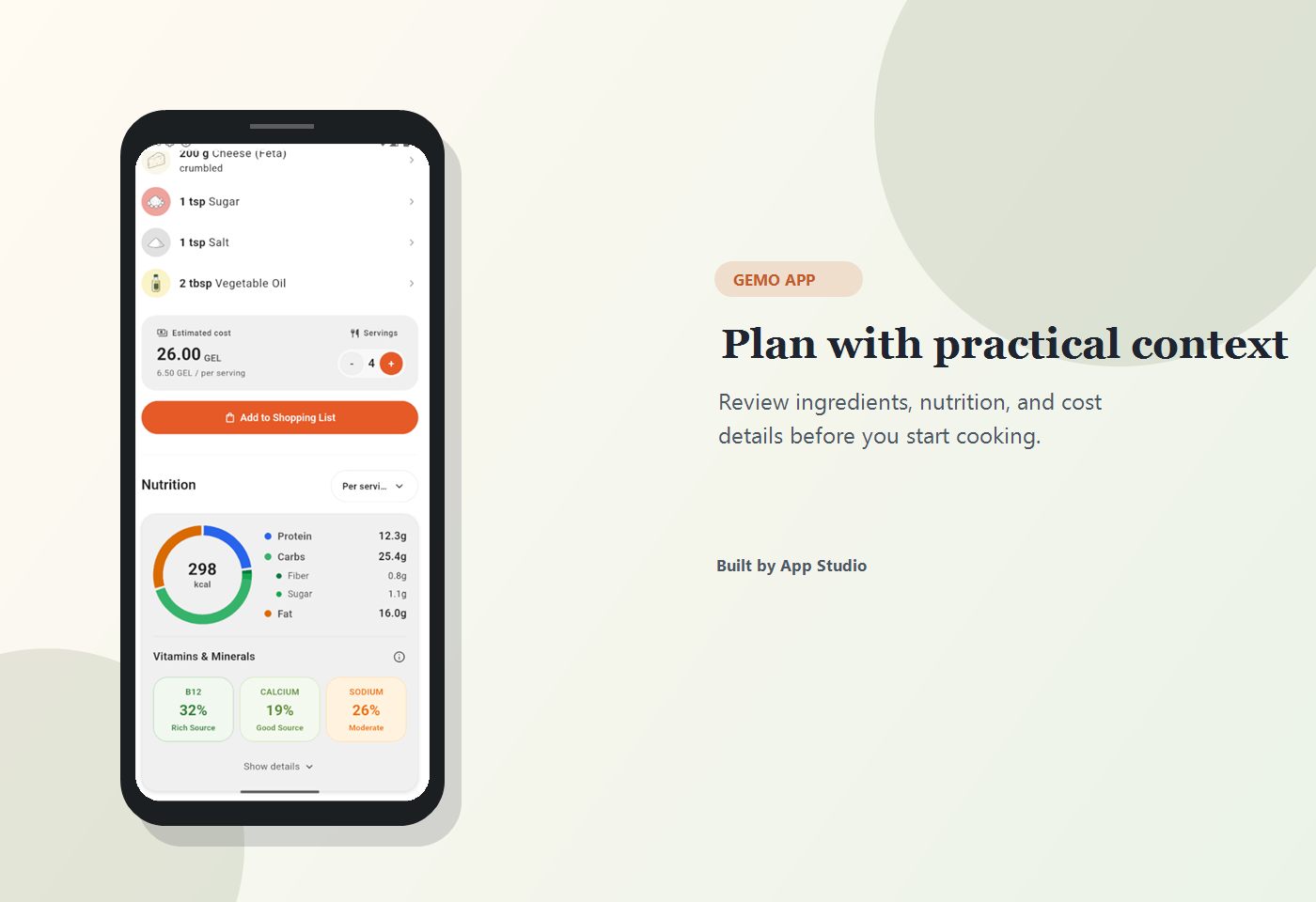 Gemo screenshot: Nutrition and cost